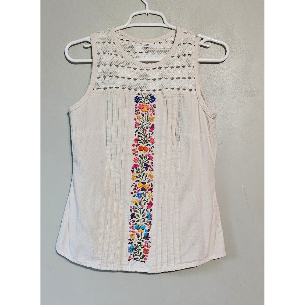 Boho Floral Embroidered Crochet Lace Sleeveless Top Cream Pintuck Pleated Small